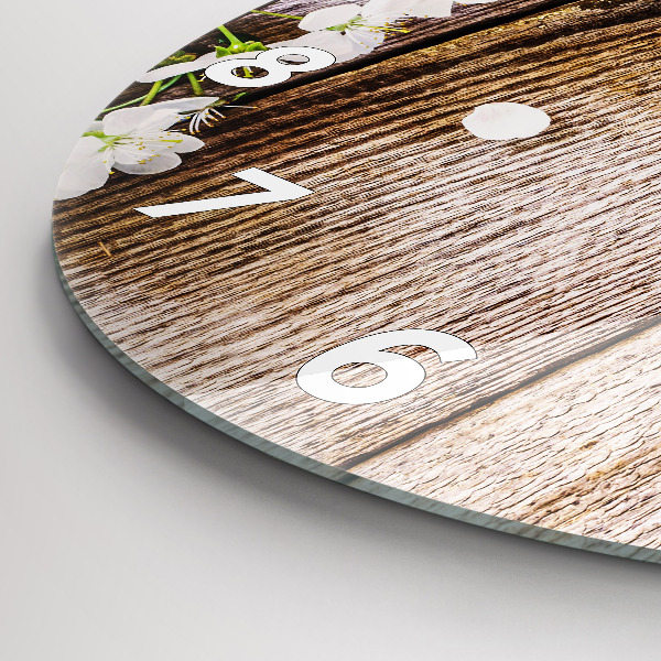 Round glass clock Flowers on wood