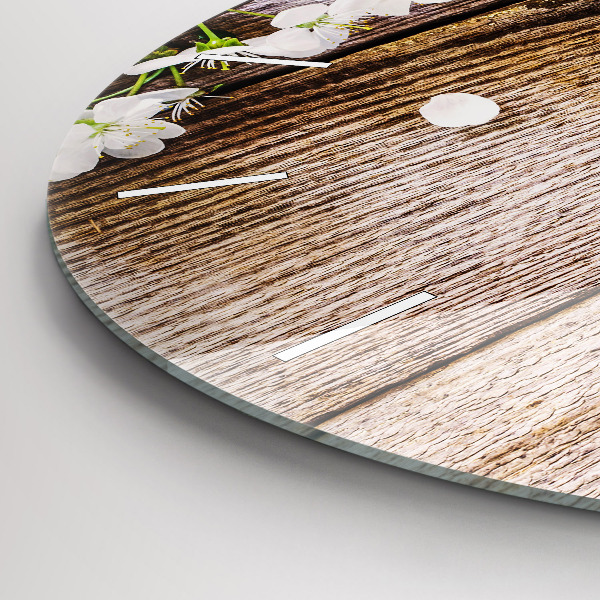 Round glass clock Flowers on wood