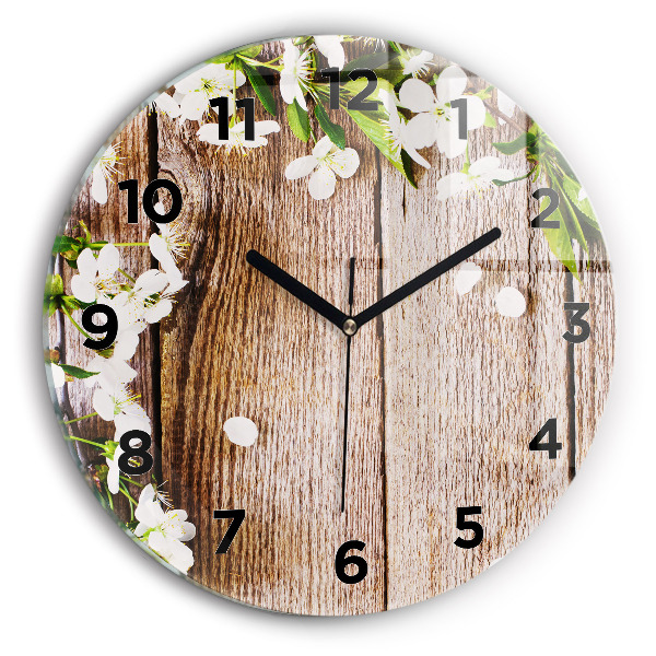 Round glass clock Flowers on wood
