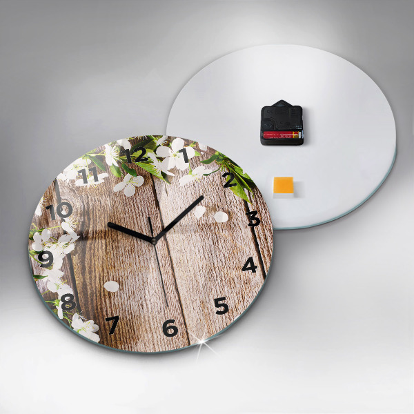 Round glass clock Flowers on wood