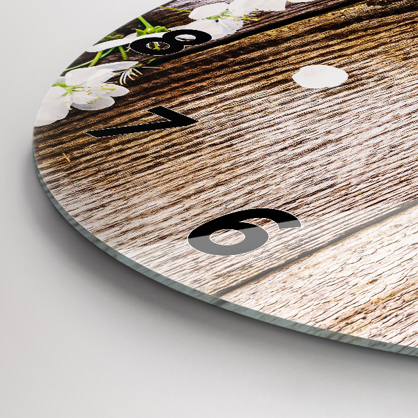 Round glass clock Flowers on wood