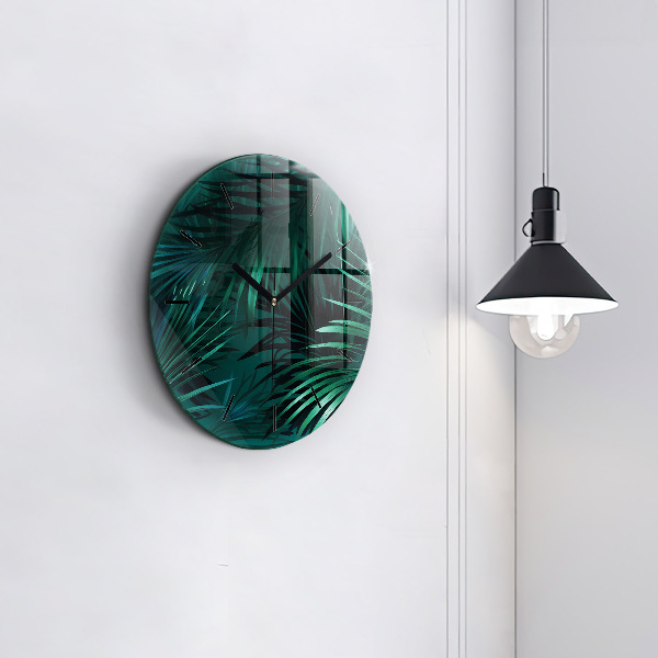 Round glass clock Tropical leaves