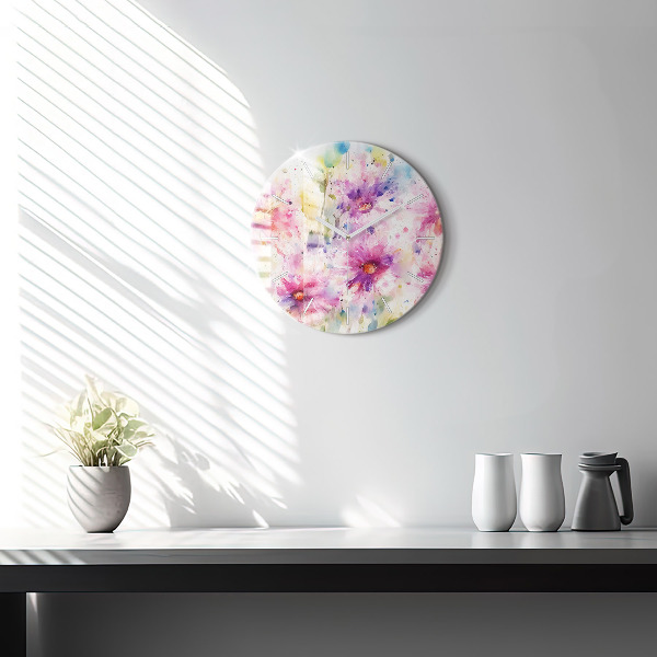 Round glass clock Painted flowers