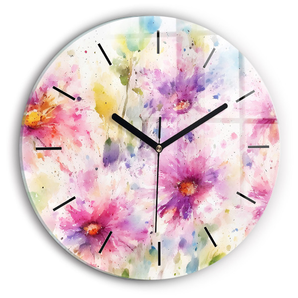 Round glass clock Painted flowers