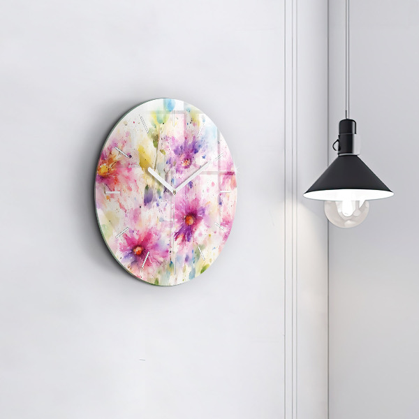 Round glass clock Painted flowers