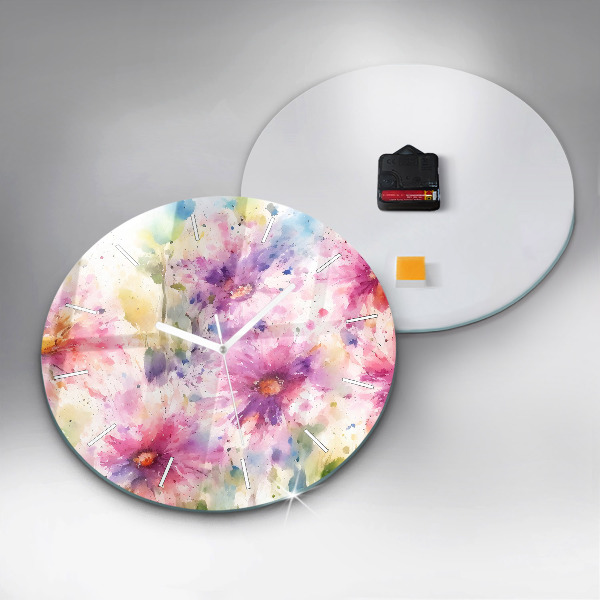 Round glass clock Painted flowers
