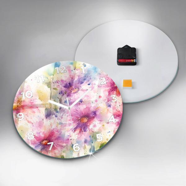 Round glass clock Painted flowers