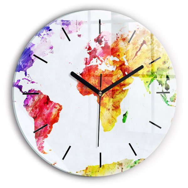 Round glass clock Watercolor world map