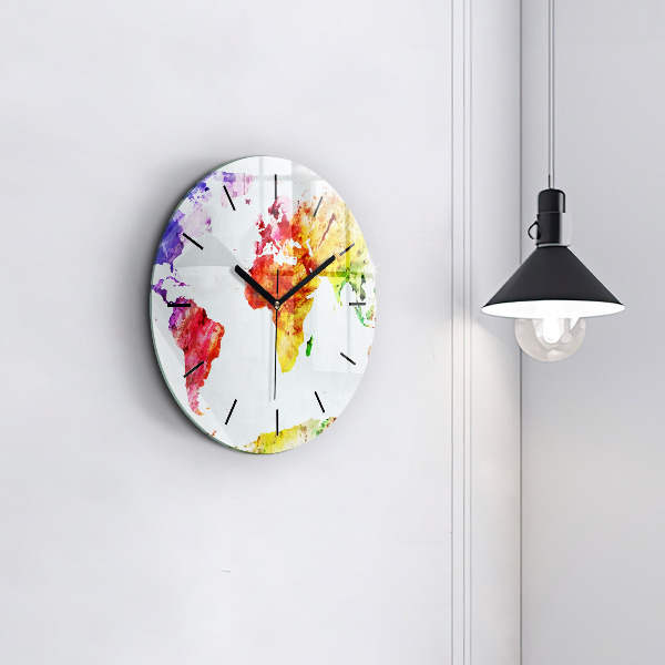 Round glass clock Watercolor world map