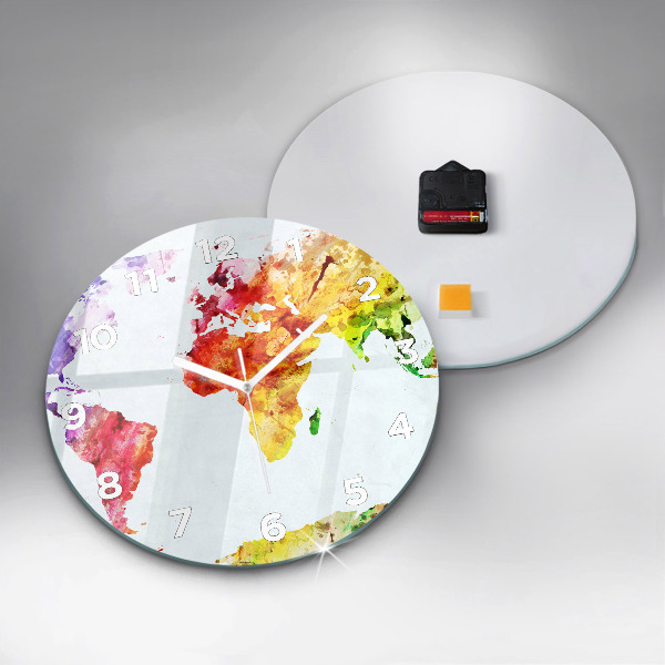 Round glass clock Watercolor world map