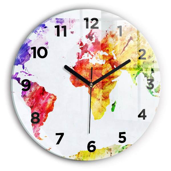 Round glass clock Watercolor world map