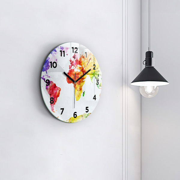 Round glass clock Watercolor world map