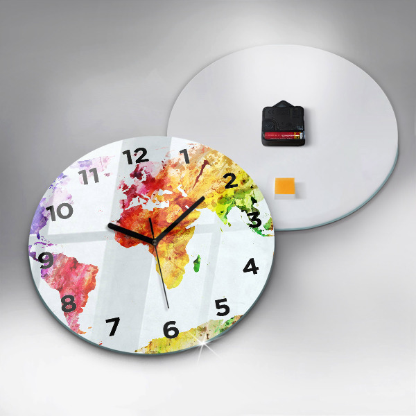 Round glass clock Watercolor world map