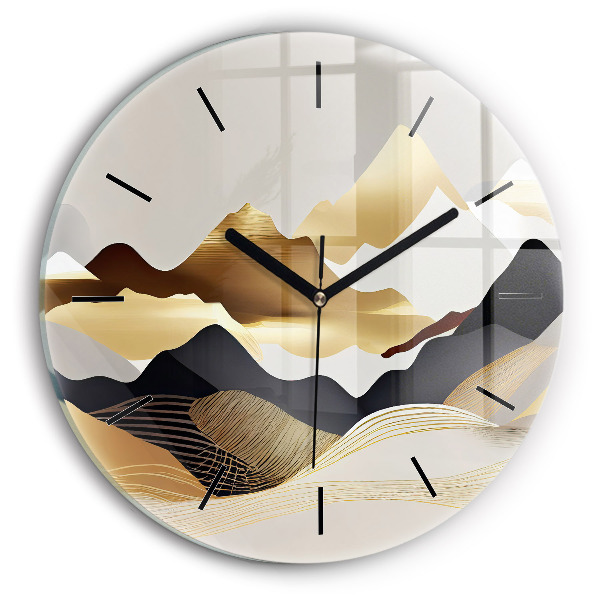 Round glass clock Abstract golden mountains