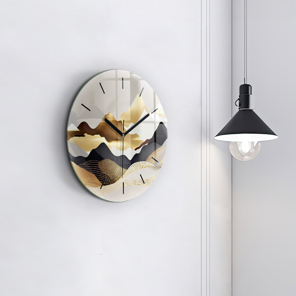 Round glass clock Abstract golden mountains