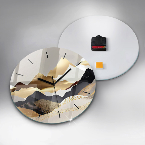 Round glass clock Abstract golden mountains