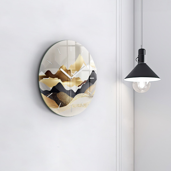 Round glass clock Abstract golden mountains