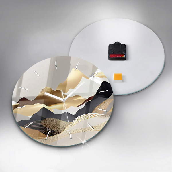 Round glass clock Abstract golden mountains