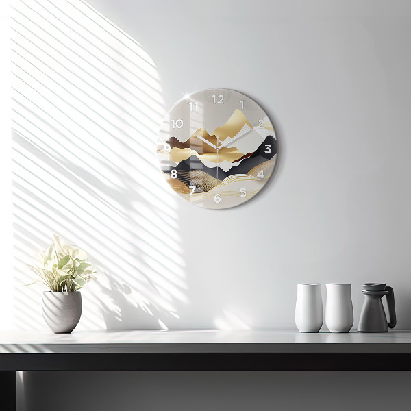 Round glass clock Abstract golden mountains