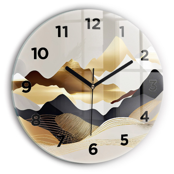 Round glass clock Abstract golden mountains