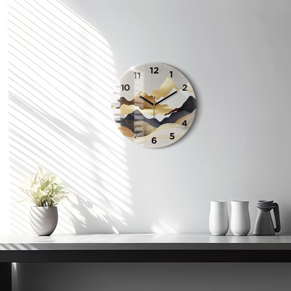 Round glass clock Abstract golden mountains