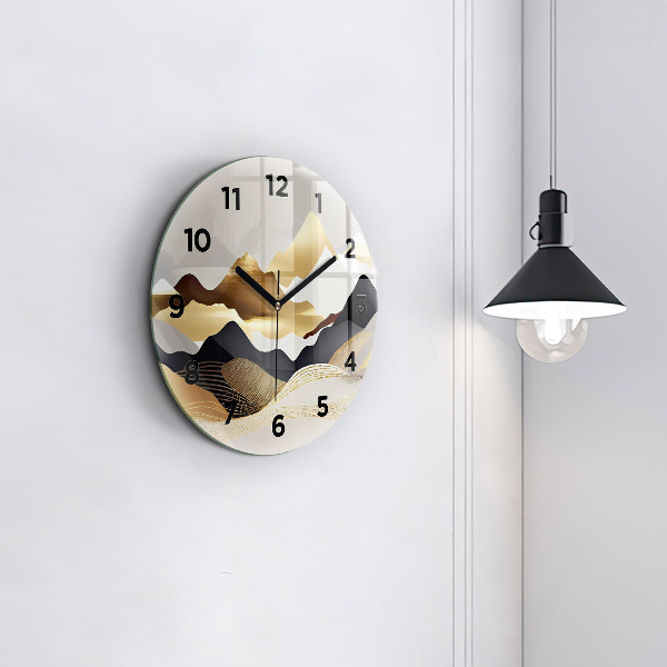 Round glass clock Abstract golden mountains