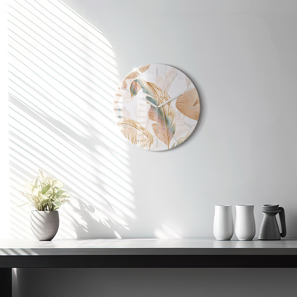 Round glass clock Nature leaf pattern