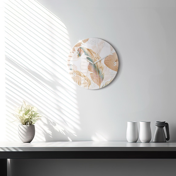 Round glass clock Nature leaf pattern