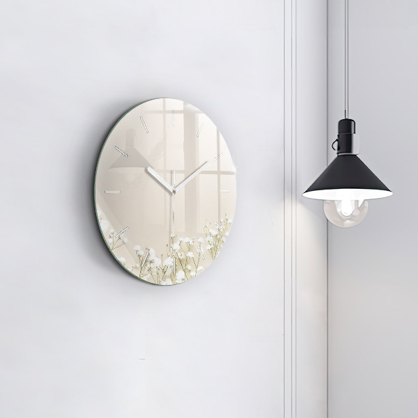 Round glass clock Blooming gypsophila flowers