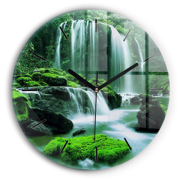 Round glass clock Waterfall among the moss