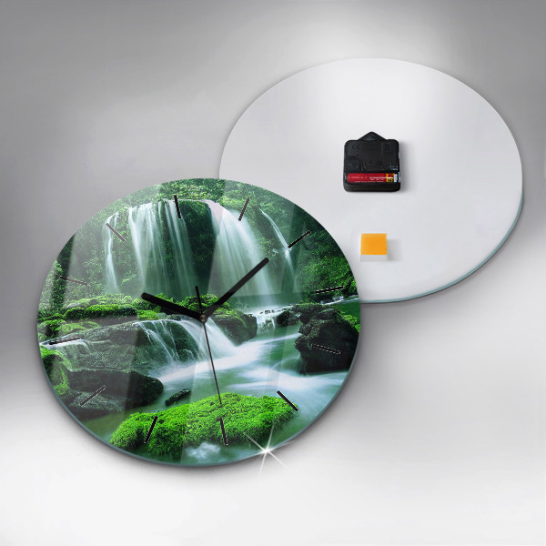 Round glass clock Waterfall among the moss