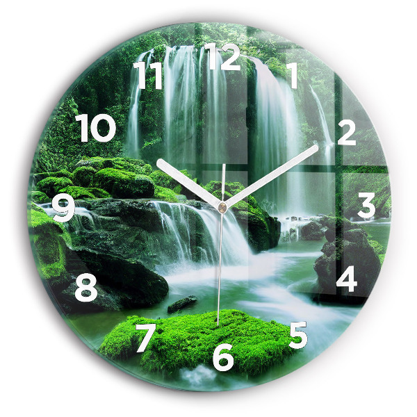 Round glass clock Waterfall among the moss