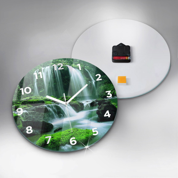 Round glass clock Waterfall among the moss