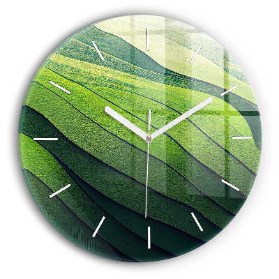 Round glass clock Green fields abstract
