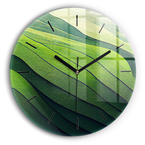 Round glass clock Green fields abstract