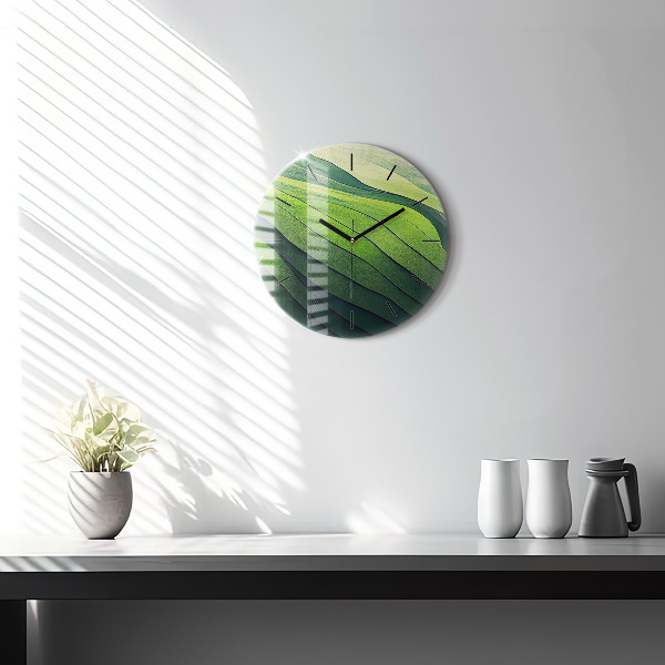 Round glass clock Green fields abstract