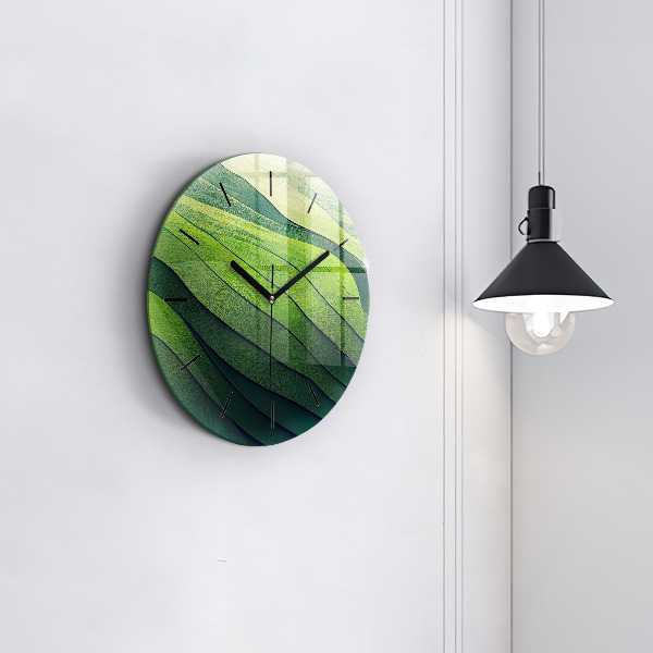 Round glass clock Green fields abstract