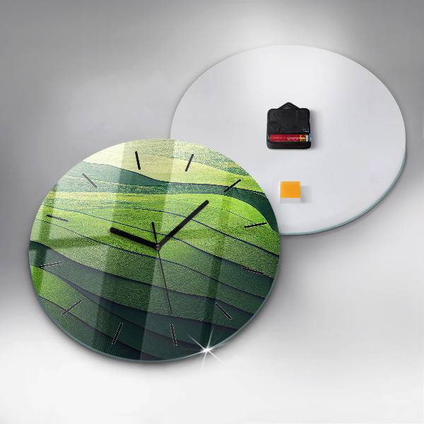 Round glass clock Green fields abstract