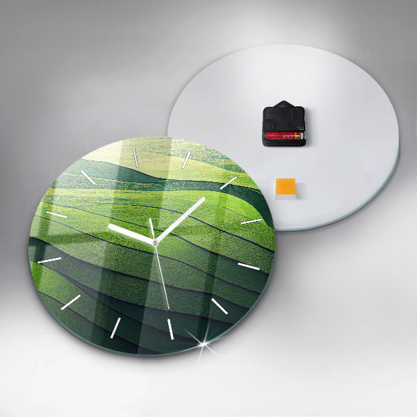 Round glass clock Green fields abstract
