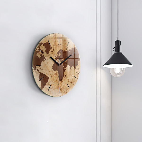 Round glass clock Vintage world map