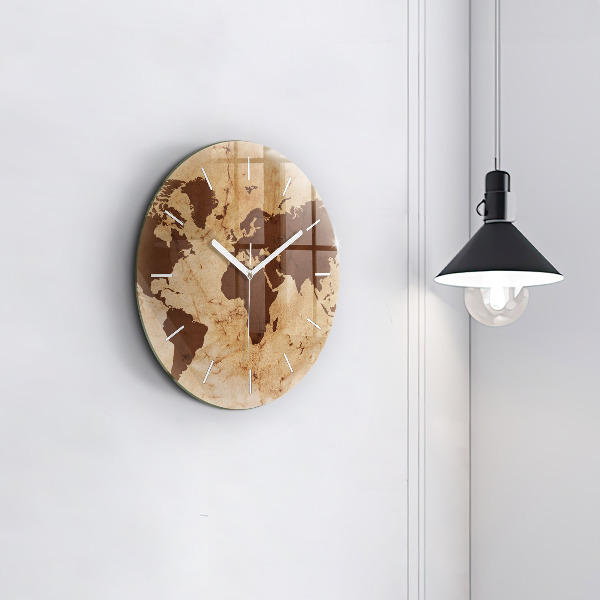 Round glass clock Vintage world map