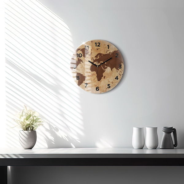 Round glass clock Vintage world map
