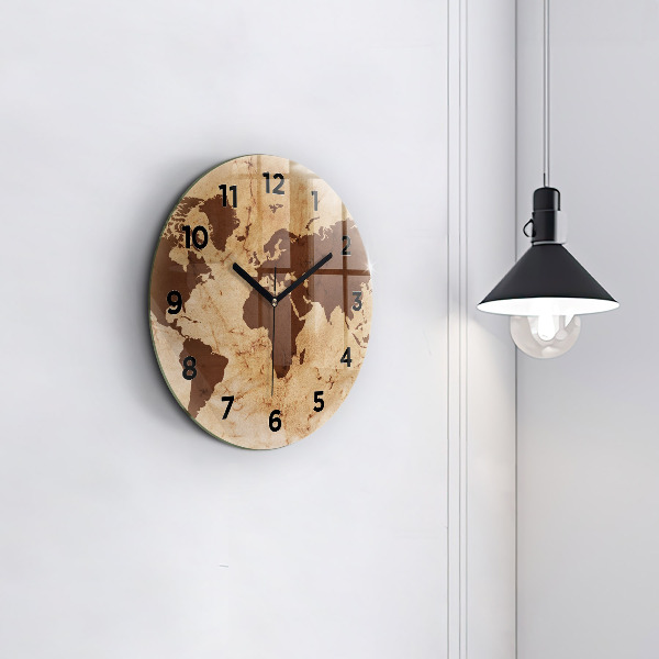 Round glass clock Vintage world map