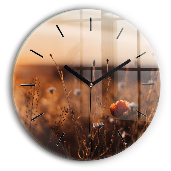 Round glass clock Field sunrise