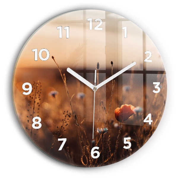 Round glass clock Field sunrise