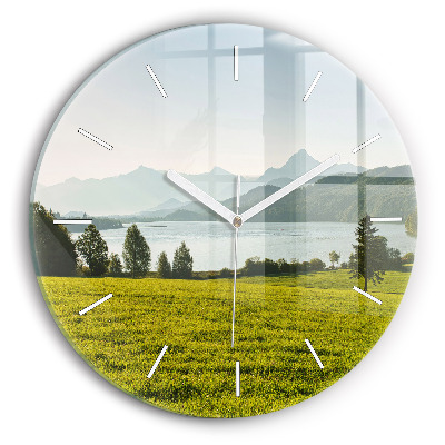 Round glass clock Mountains and field
