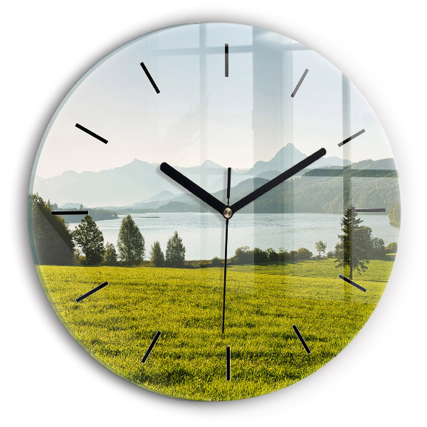 Round glass clock Mountains and field
