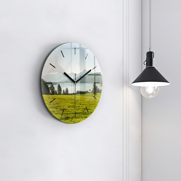Round glass clock Mountains and field
