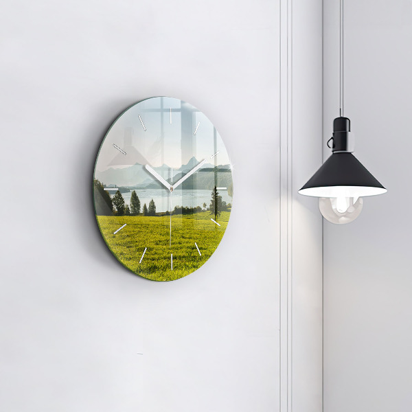 Round glass clock Mountains and field