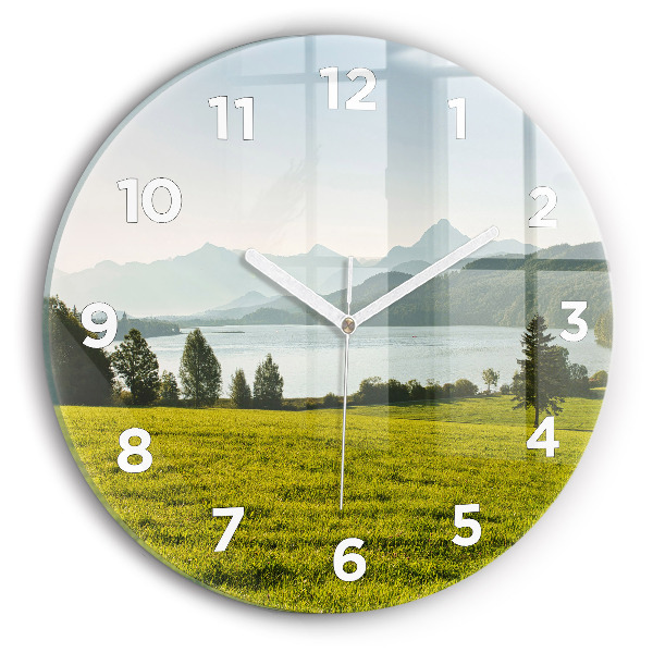 Round glass clock Mountains and field